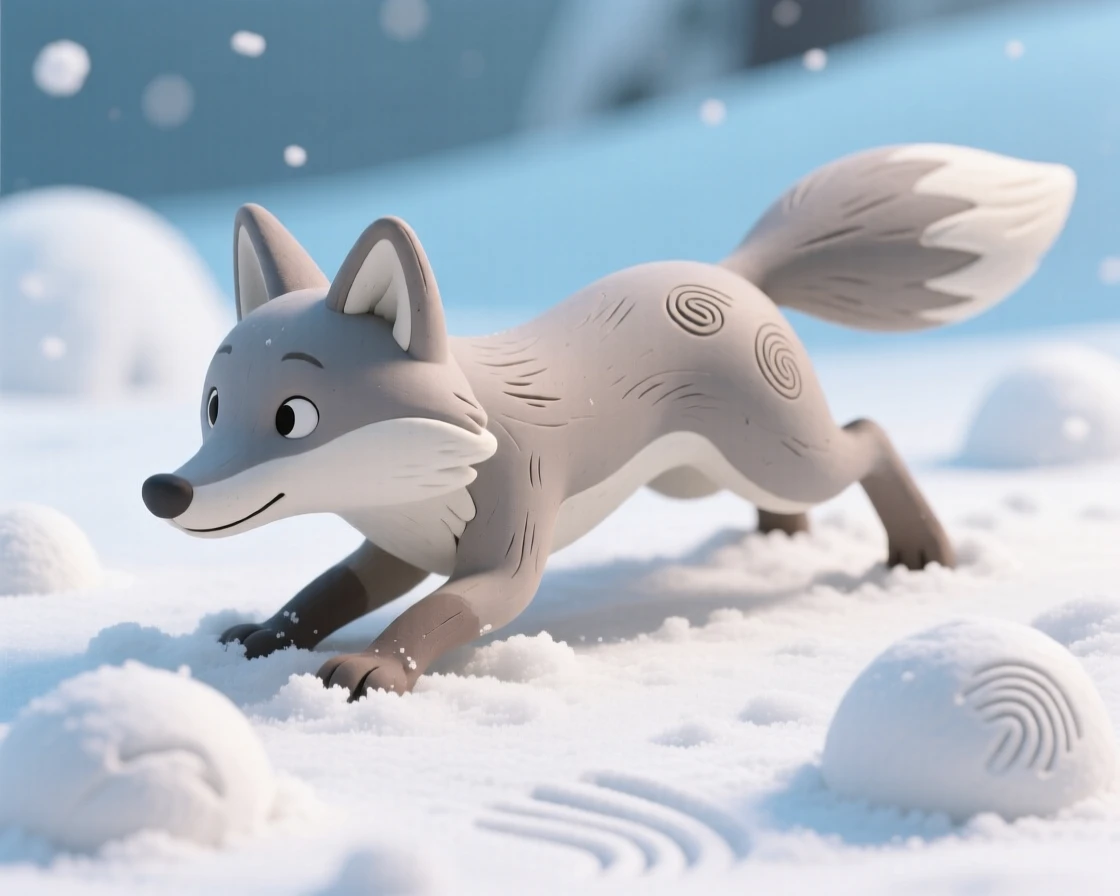 A snow fox pouncing headfirst into deep powder snow