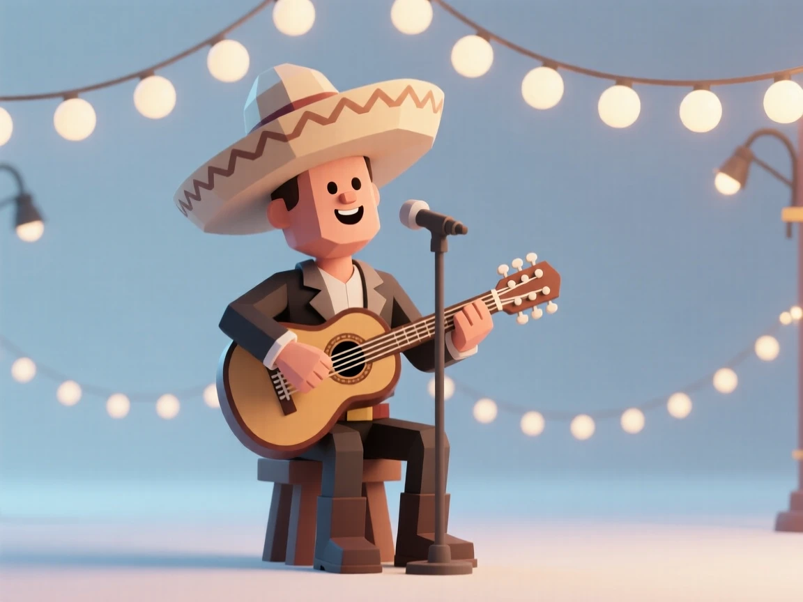 A traditional Mexican mariachi musician strums a guitarrón, wide sombrero tilted back as he sings beneath twinkling festival lights.