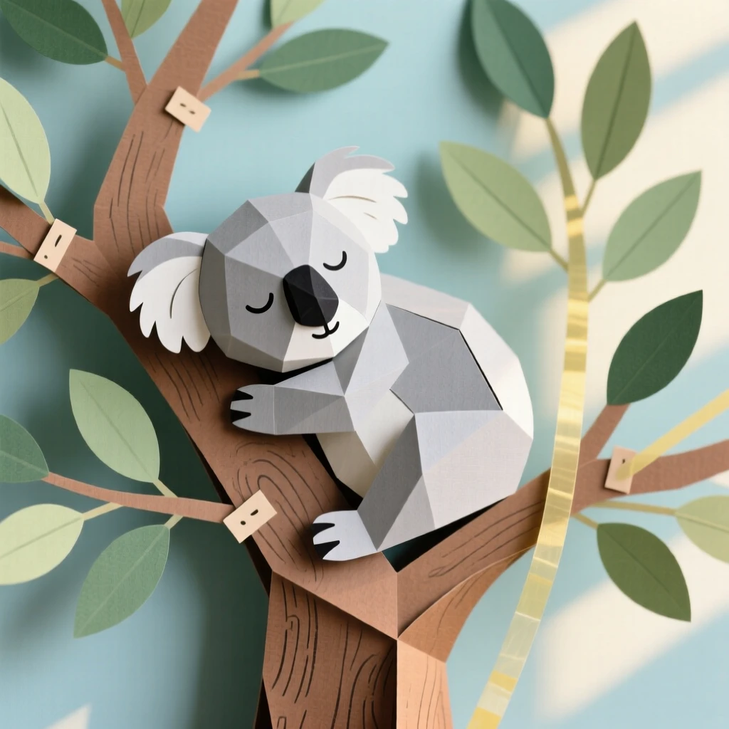 A koala sleeping peacefully in the fork of a eucalyptus tree, soft afternoon light filtering through the leaves, capturing serene contentment.