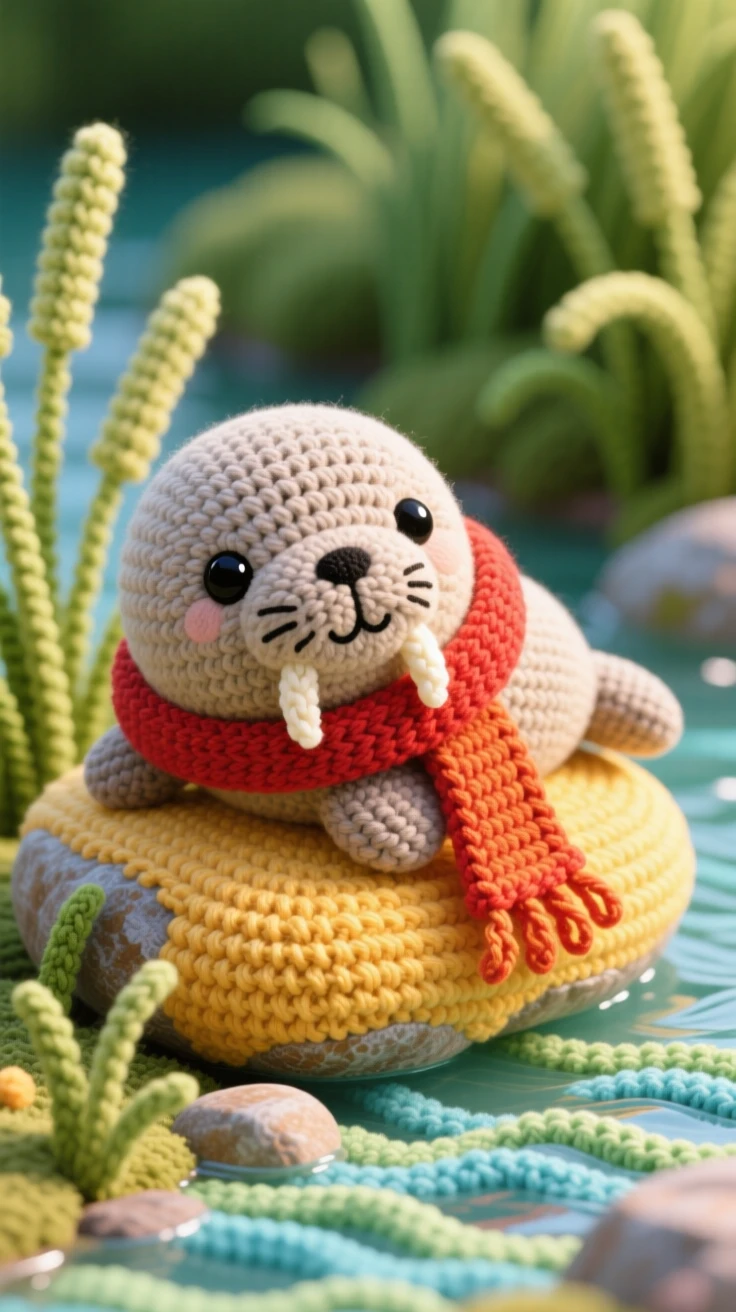 a plump baby walrus with small tusks and wrinkled skin is shown basking contentedly on a sunny rock within a shallow creek winding through tall grass, accompanied by a tiny knitted scarf around its neck, capturing quiet contentment and gentle curiosity.