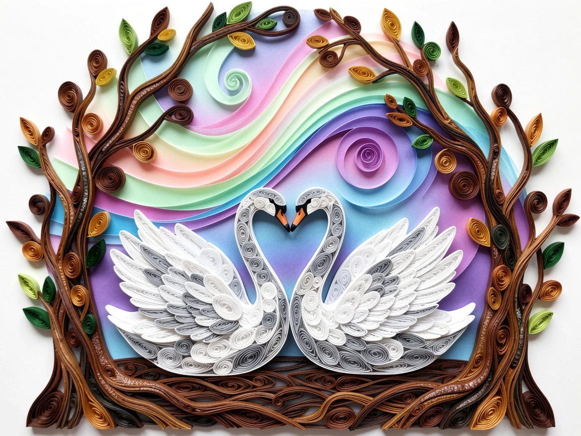 A striking wildlife scene of a pair of swans forming a heart shape with their necks beneath a sky shimmering with soft aurora colors, with fine texture visible in every strand of fur, framed through a natural archway of branches.