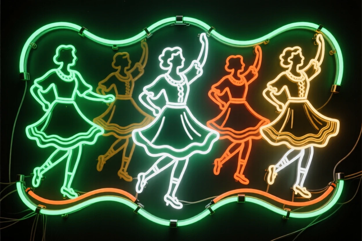 A traditional Irish dance troupe performing at a village fair.