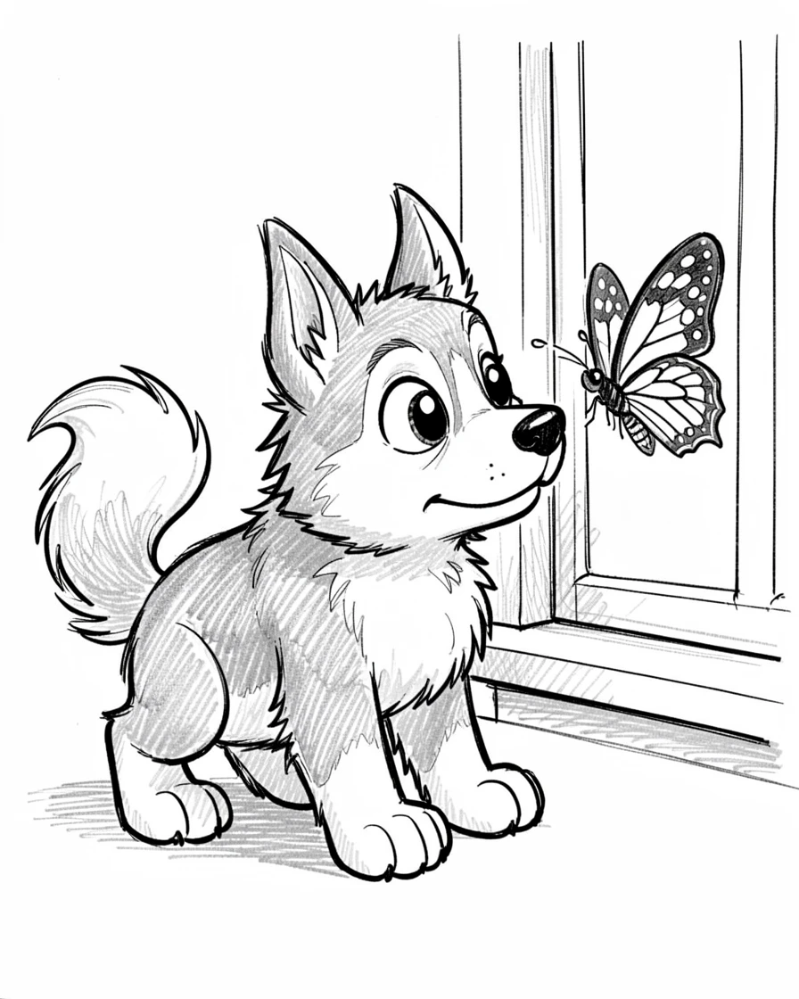 A husky puppy watching a butterfly on the windowsill.