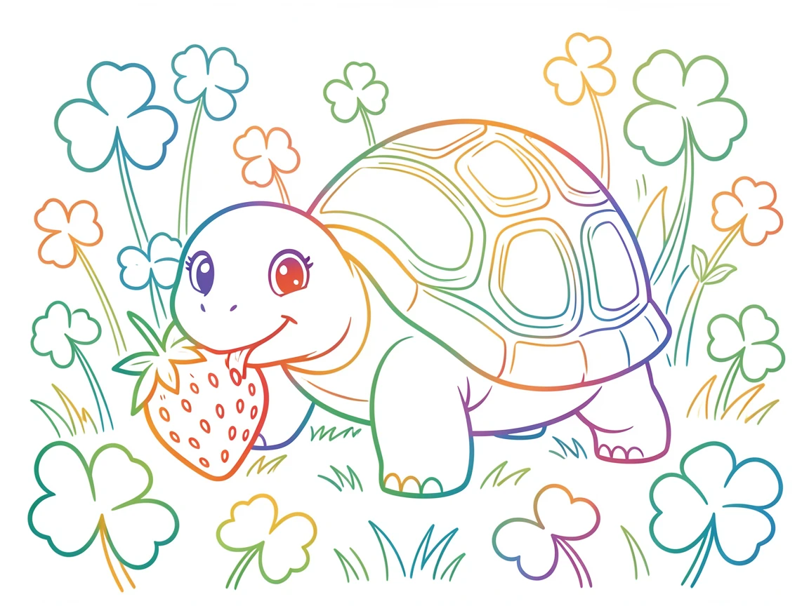 A tortoise munching on a strawberry in a garden filled with clover.