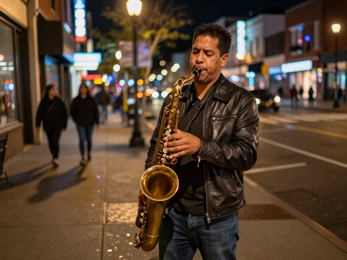 A street musician playing saxophone under city lights