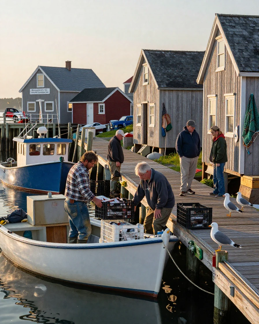 A quiet fishing village wakes up as boats return with the morning's catch.