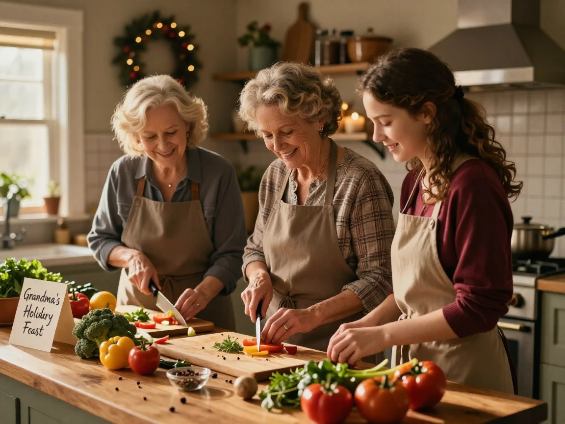 Three generations of women cooking a holiday meal together in a crowded kitchen