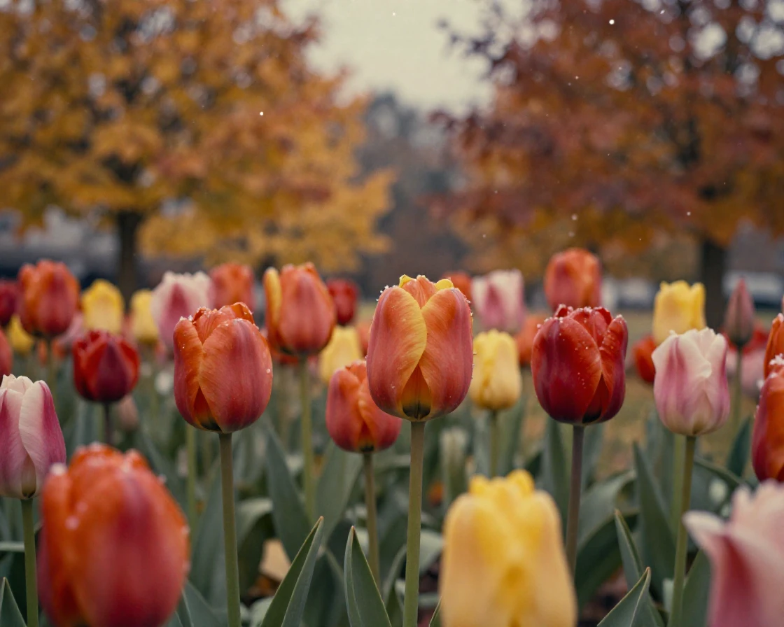 Rows of tulips in brilliant colors beneath an overcast sky, under a canopy of stars, amid gently falling snow, as autumn leaves turn gold and red, dominated by warm amber and rust tones, in a tight close-up.
