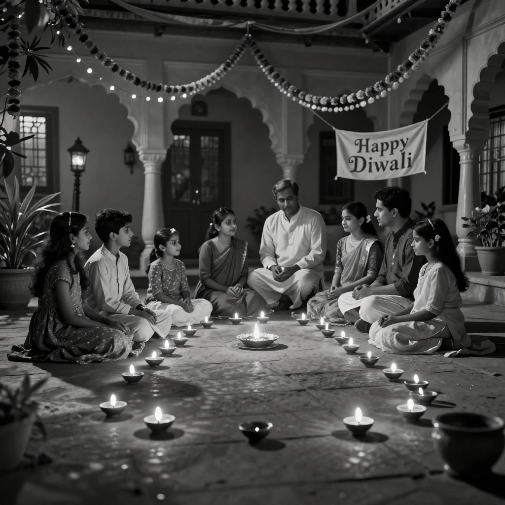 A Diwali celebration fills a courtyard with rows of oil lamps in a decorated family courtyard.