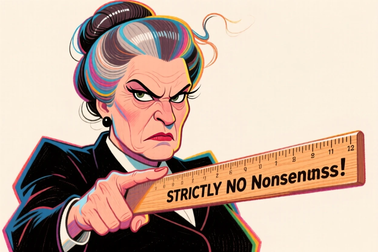 A stern headmistress with hair in a tight bun, pointing a ruler sternly at the viewer.