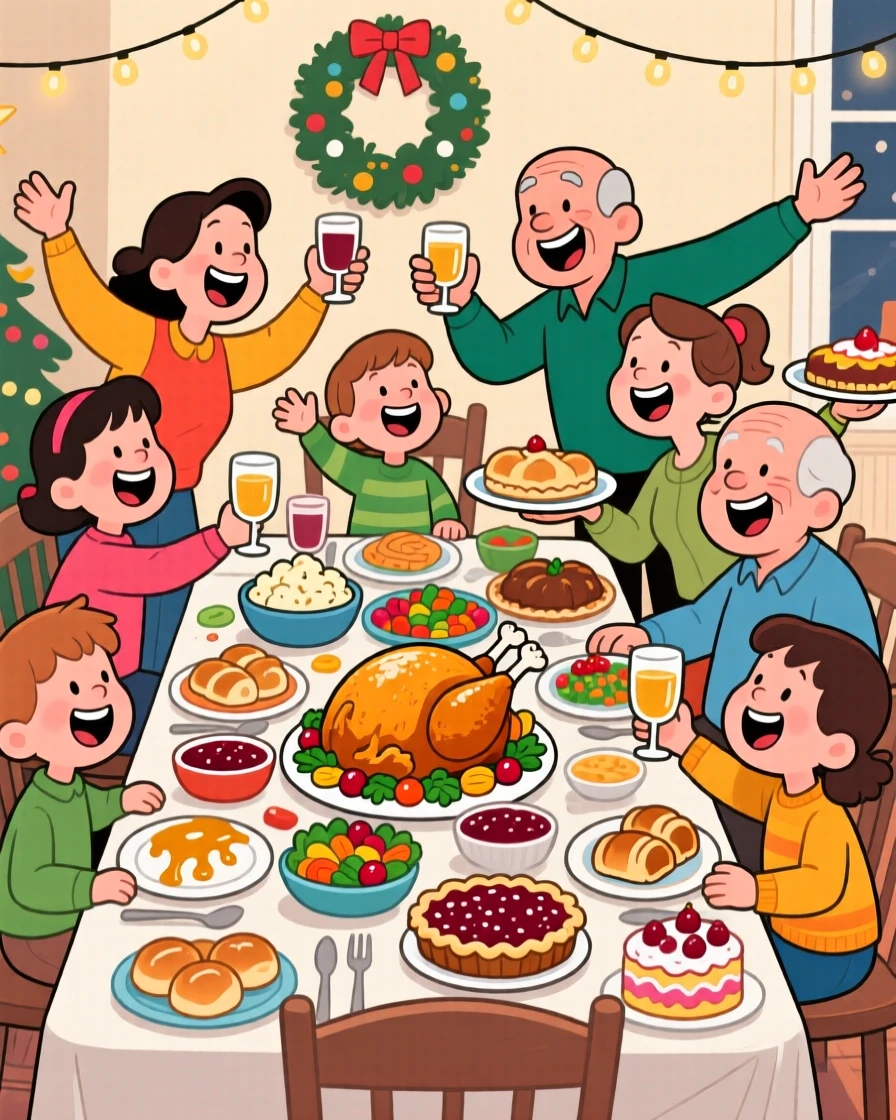A heartwarming scene of a big family gathered around a table piled high with holiday food, arms reaching in every direction.