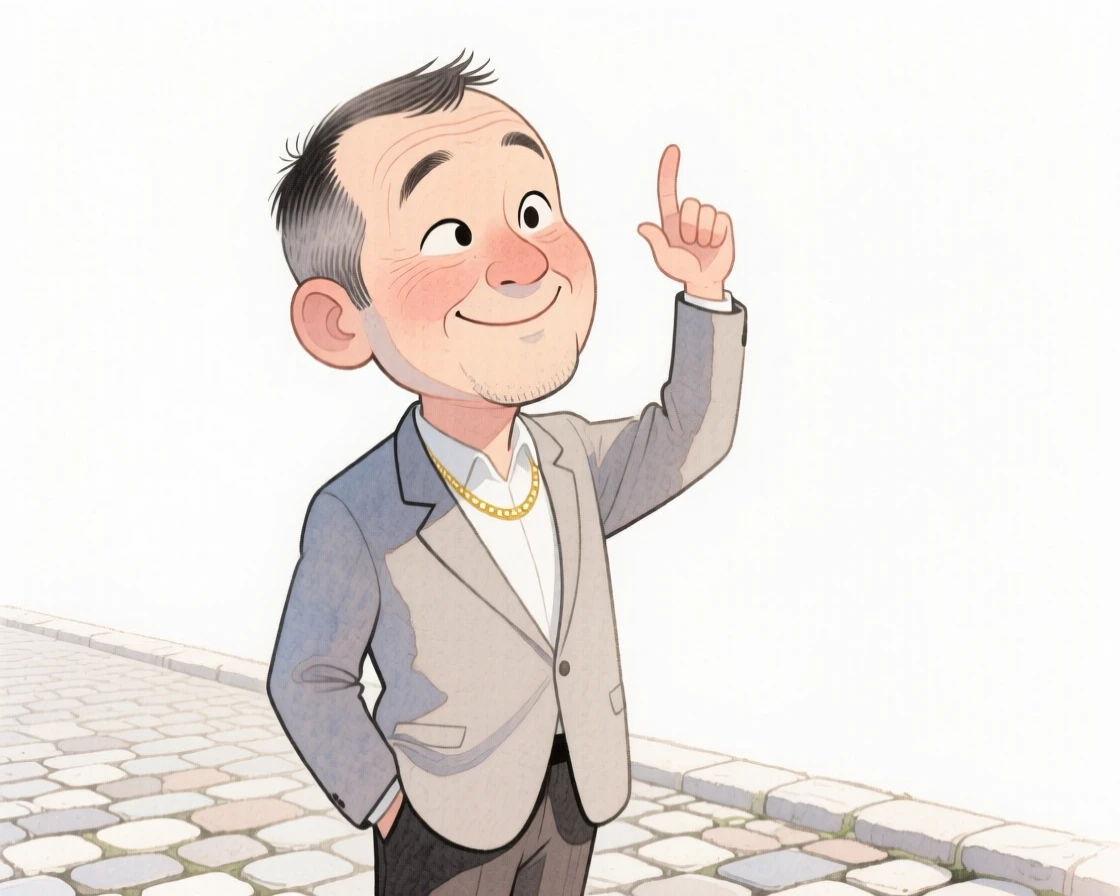 A middle-aged man with a short pixie cut, raising an eyebrow playfully, wearing a tailored blazer and wearing a delicate gold necklace, on a quiet cobblestone street