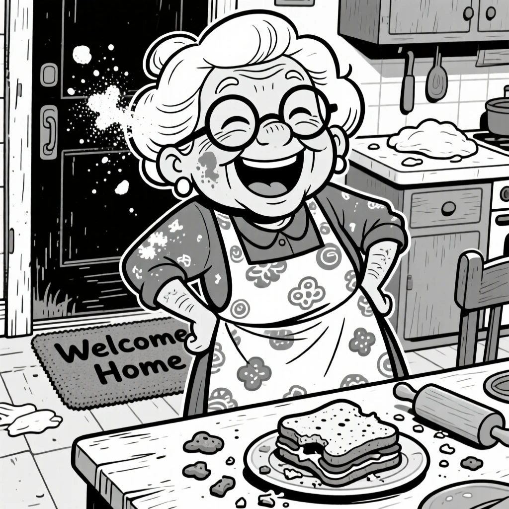 A grandmother baking cookies with flour on her cheek, laughing so hard the sound turns into a snort, set on a worn front-door welcome mat. A half-eaten sandwich sits forgotten on the table. The scene radiates the warm chaos of everyday family love.