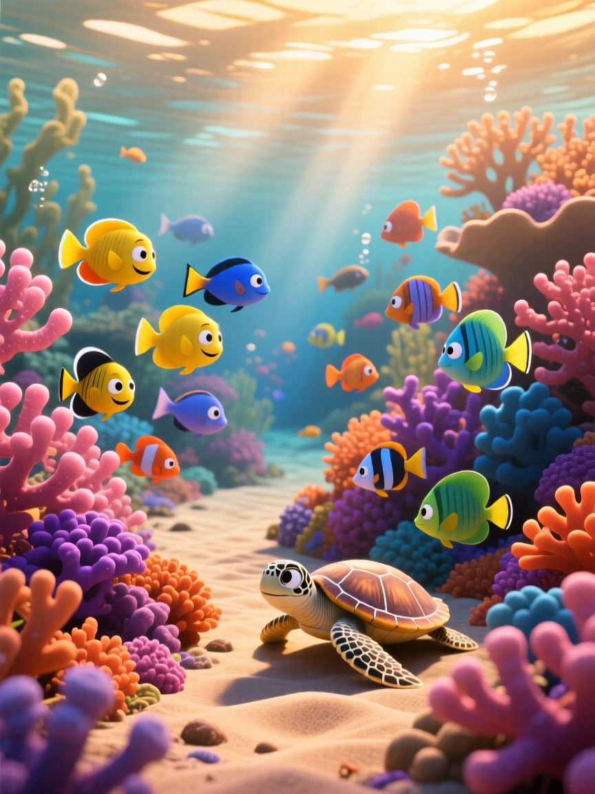 A coral reef teeming with fish glows as golden hour light bathes everything in warm color, with a narrow path winding through the scene. A deep sense of peace and quiet awe fills the scene.