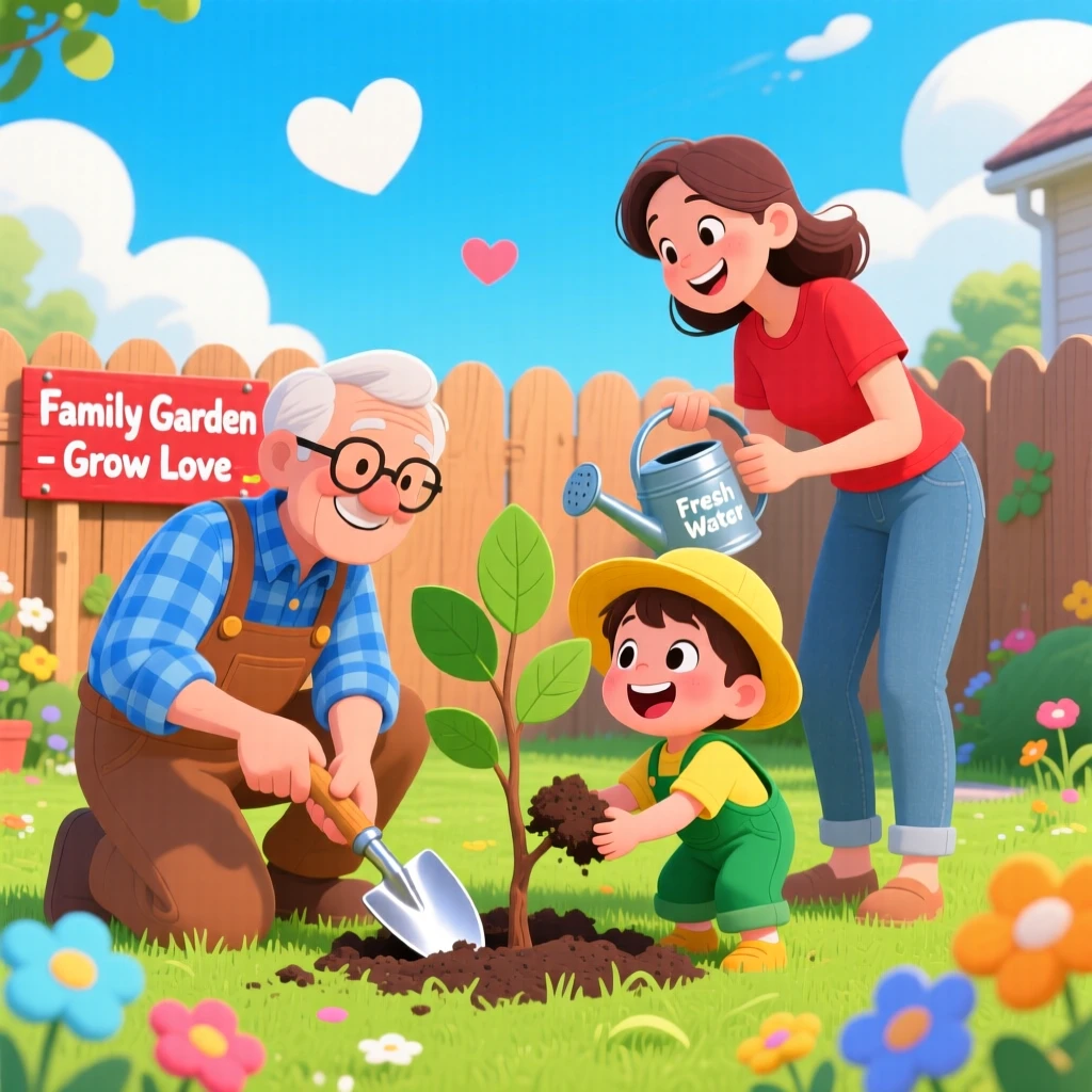 Three generations of a family planting a tree together in the backyard.