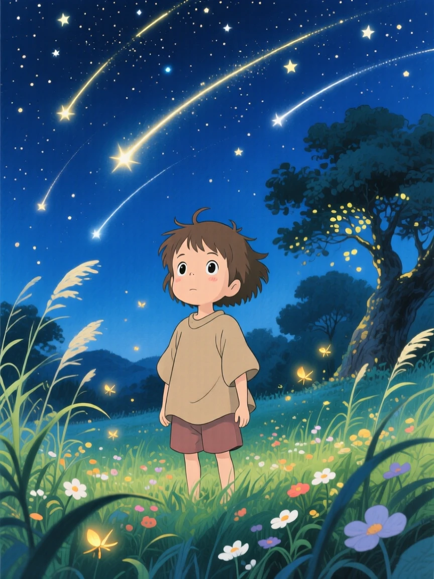 A nighttime scene of a child gazing up at a sky full of shooting stars, quietly enchanting.