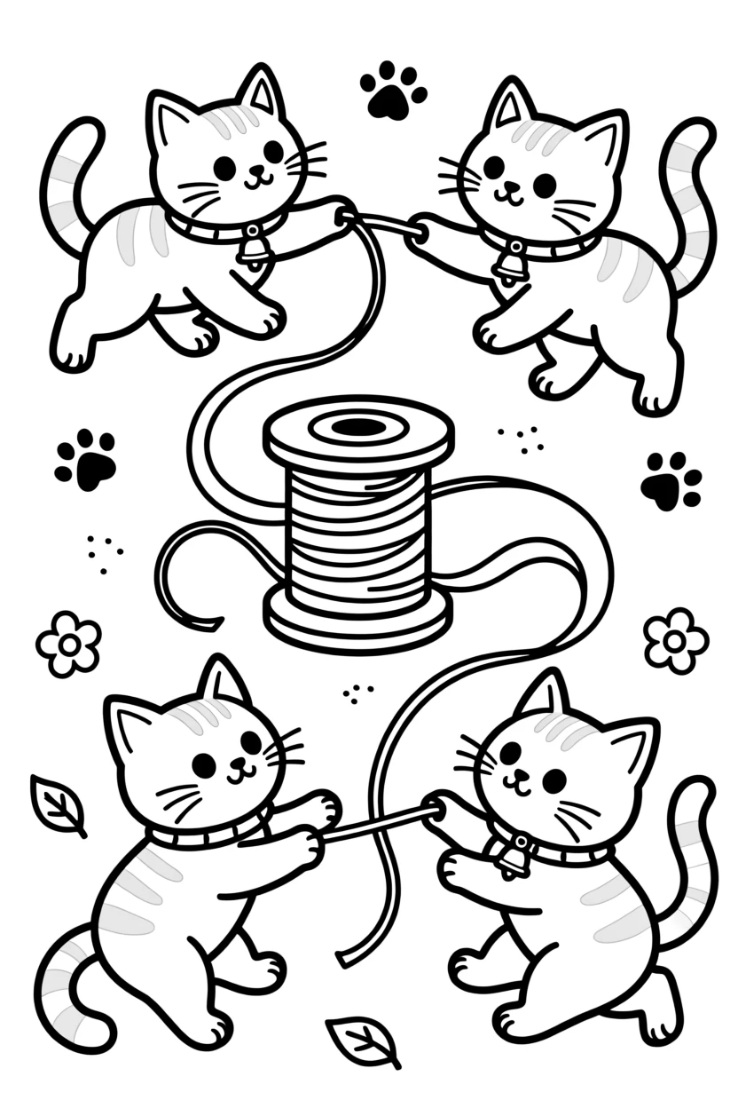 A litter of kittens playing with a spool of ribbon