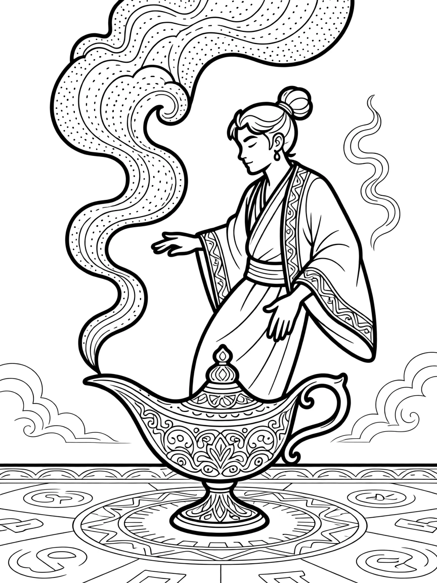 A genie emerging from an ornate lamp in swirling smoke, with wisps of glowing spirit energy floating around.