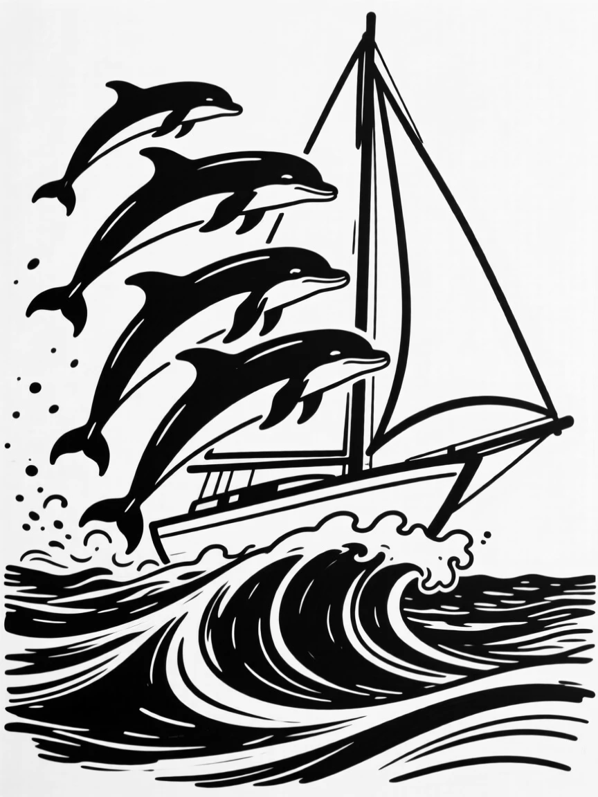 A group of dolphins riding the bow wave of a sailing ship.