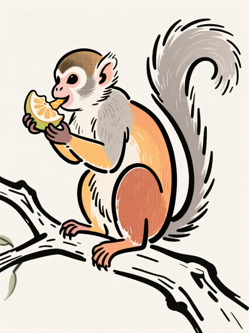 A squirrel monkey perched on a branch eating a piece of fruit.
