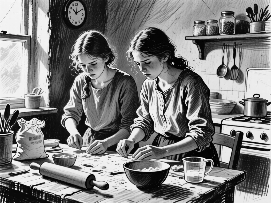 Twin sisters working intently with focused concentration, in a sunlit kitchen.