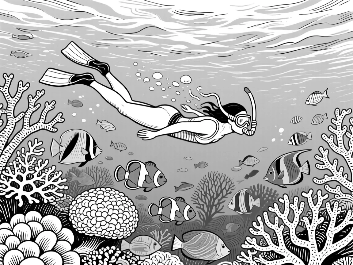 A diver gliding gracefully among coral reefs and colorful fish in clear blue water.