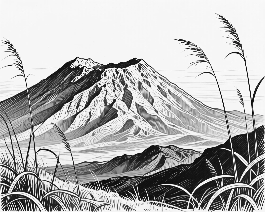 A volcanic ridge under the soft glow of early morning light, with tall grasses bending in the wind, evoking a gently nostalgic atmosphere in a wide, balanced composition.