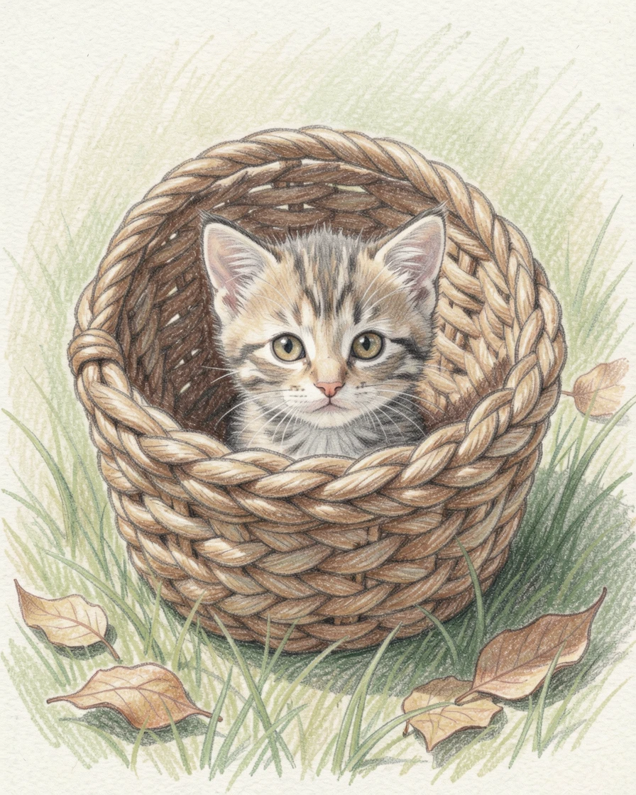 A tiny kitten peeking out from inside a knitted wool basket, framed by a simple, uncluttered natural setting, full of playful curiosity and joy.