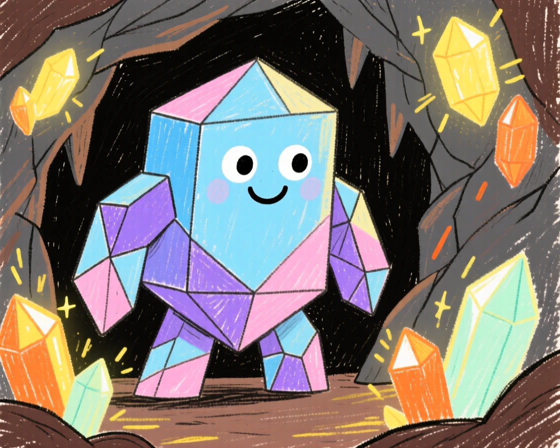 A crystal golem exploring a cave lit by glowing crystals.