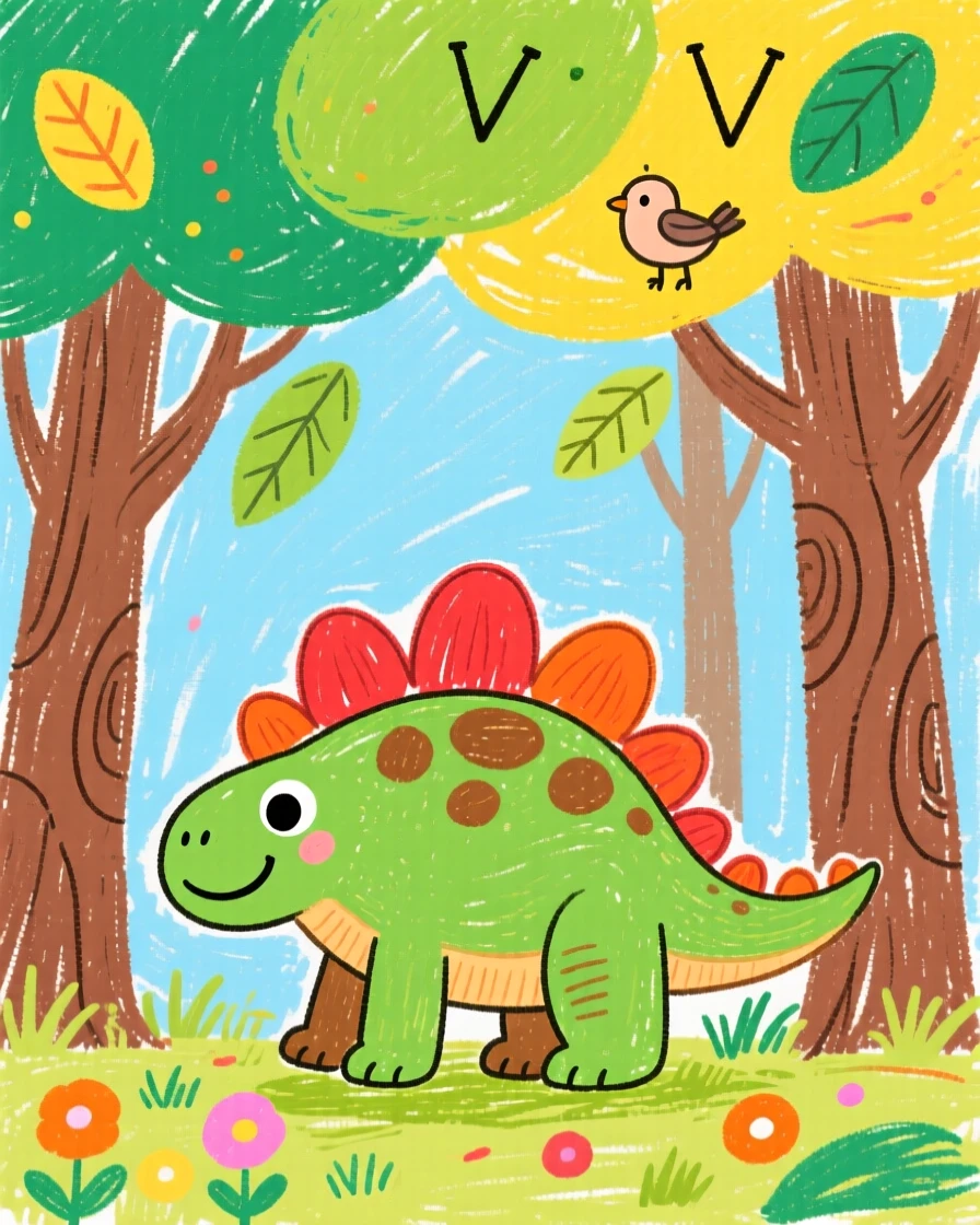 A young stegosaurus with plated armor under a canopy of ancient towering trees.