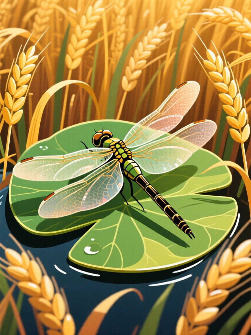 A dragonfly with translucent wings resting on a lily pad, nestled in a field of tall golden wheat, shown in close-up detail highlighting texture and expression, with vivid, richly saturated colors that pop.