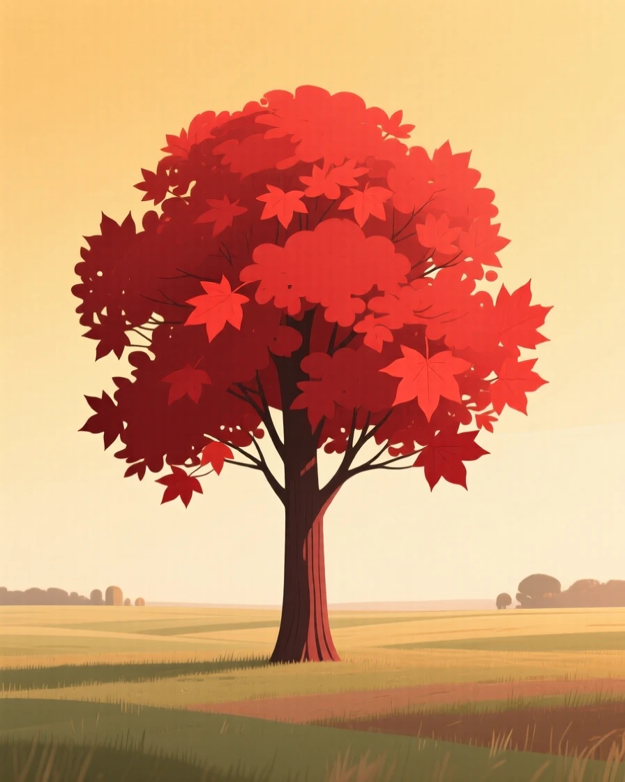 A towering red maple standing alone in an open field under a golden morning sky.