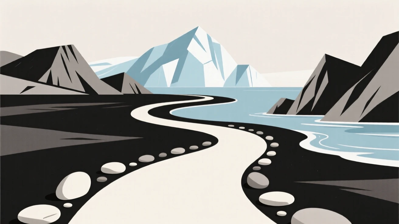 A winding path through a volcanic island shoreline leading toward a glacier, with smooth river stones scattered along the way, radiating quiet wonder.