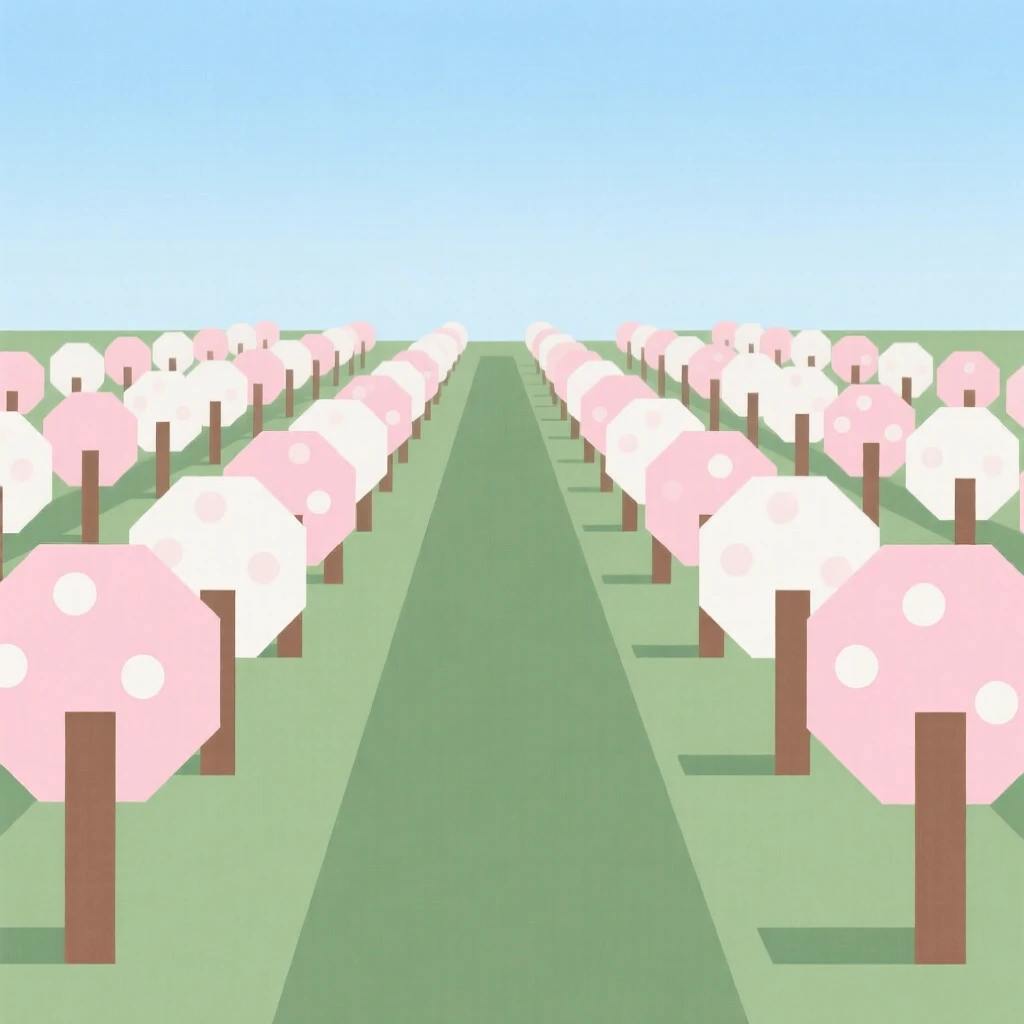 A peaceful orchard with rows of blossoming trees