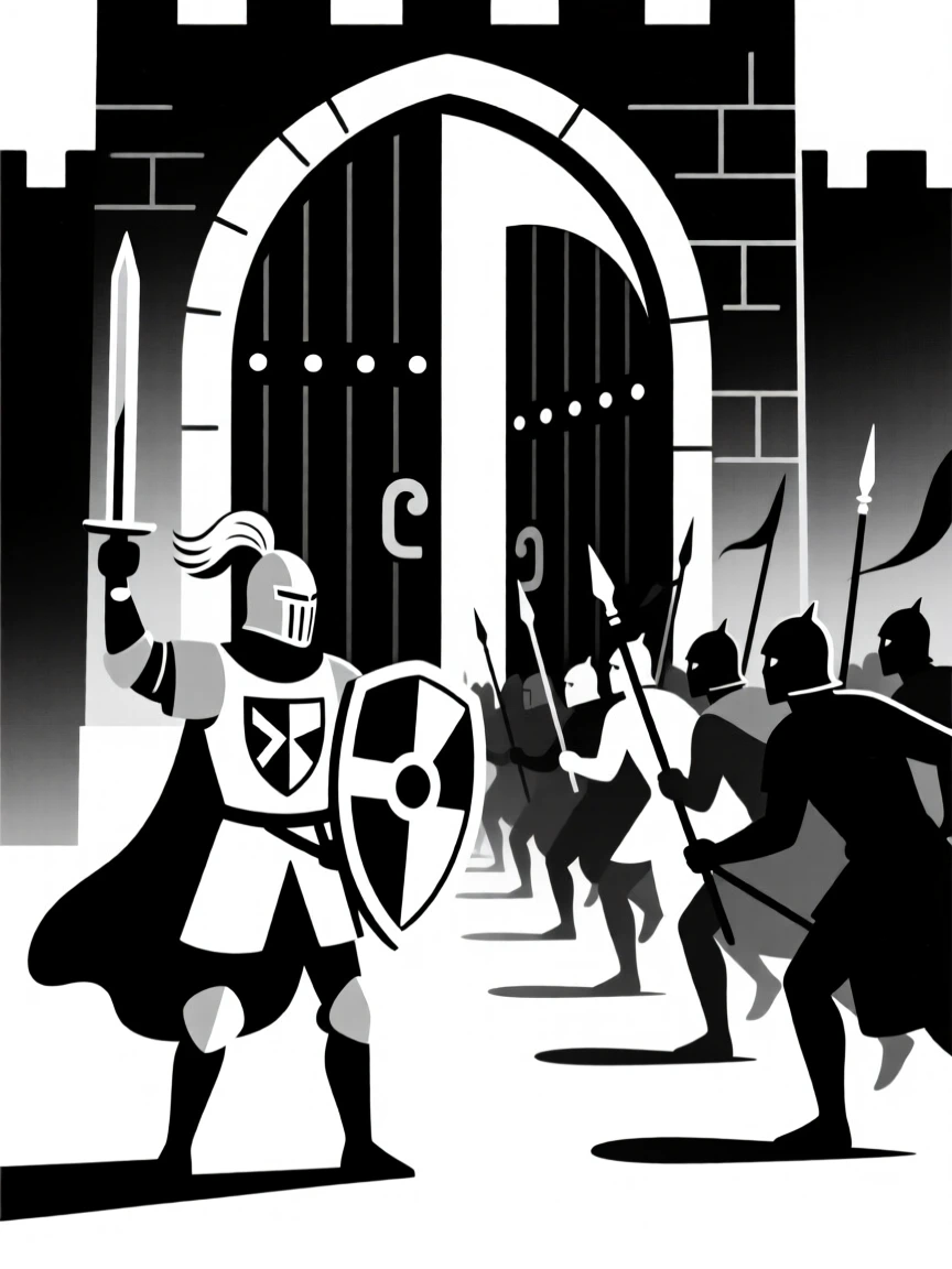A knight defending a castle gate against invaders.
