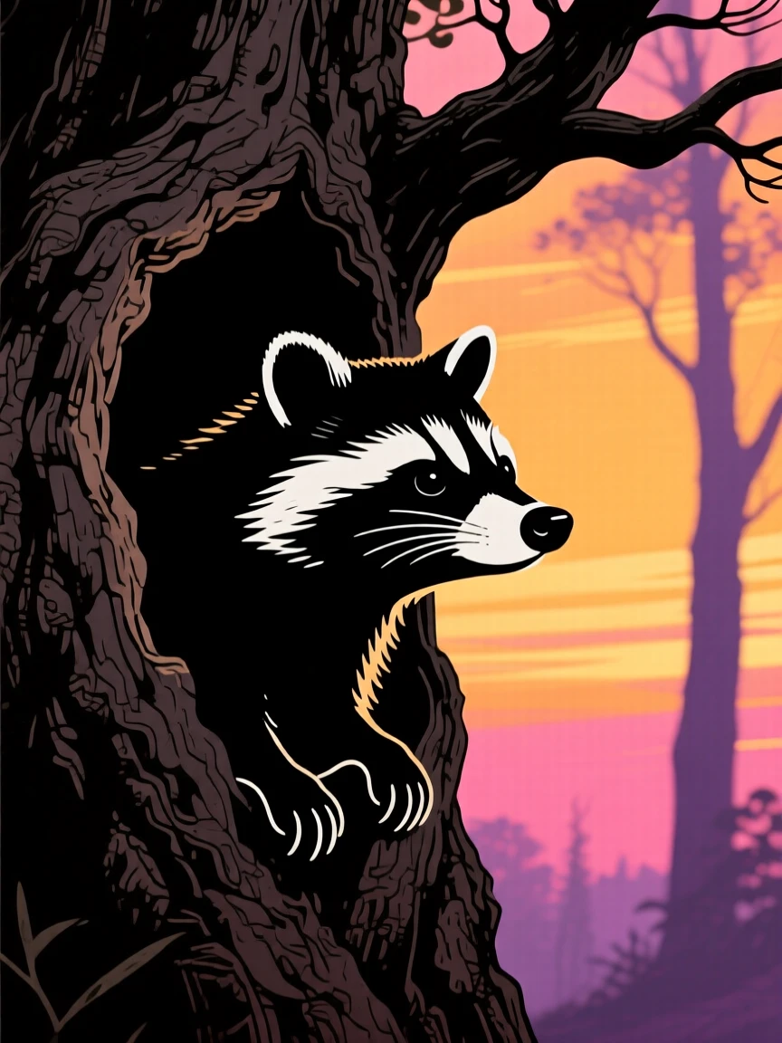 A raccoon peering out from a hollow in an old oak tree.