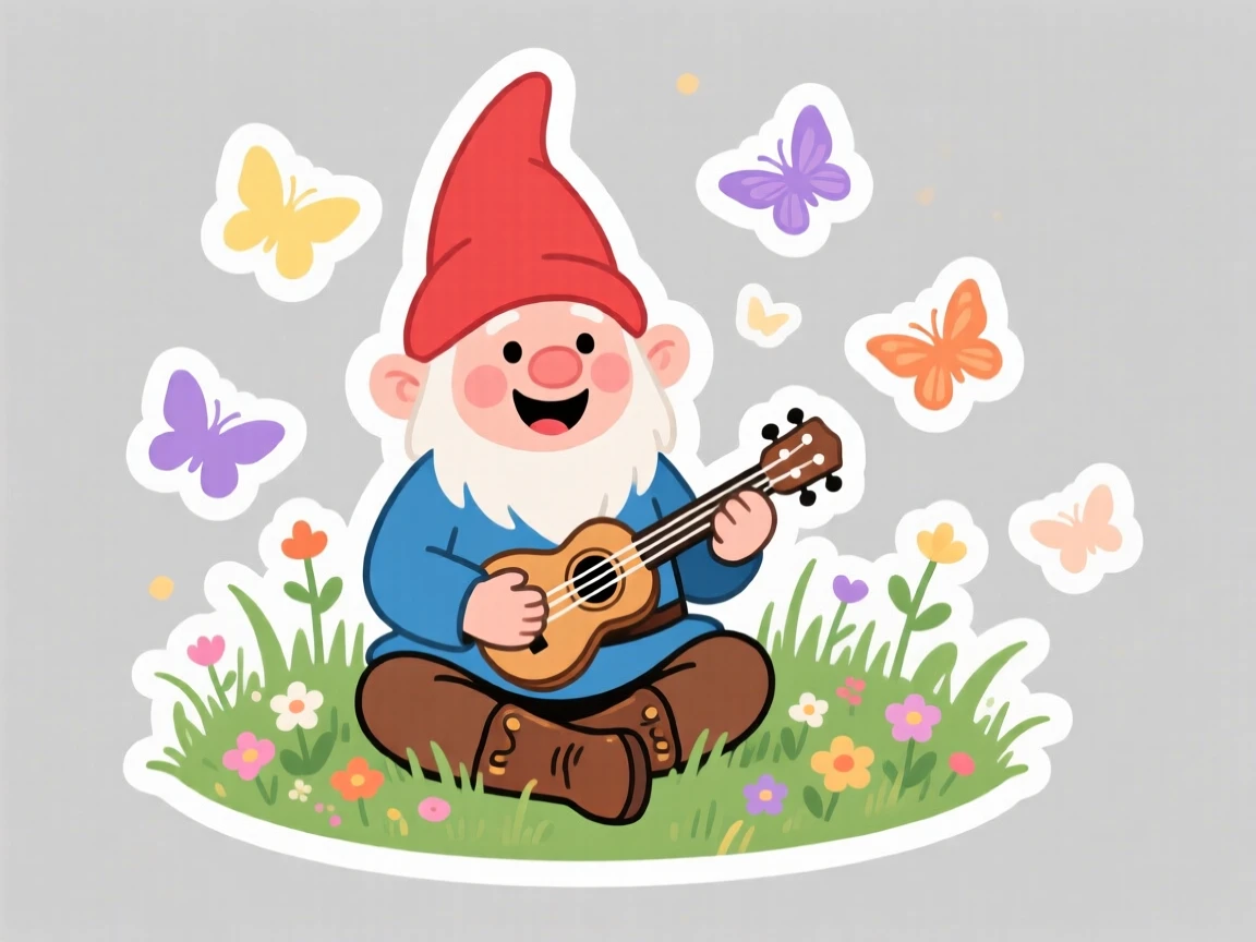 A content cheerful gnome playing a miniature ukulele, in a meadow with butterflies fluttering around.