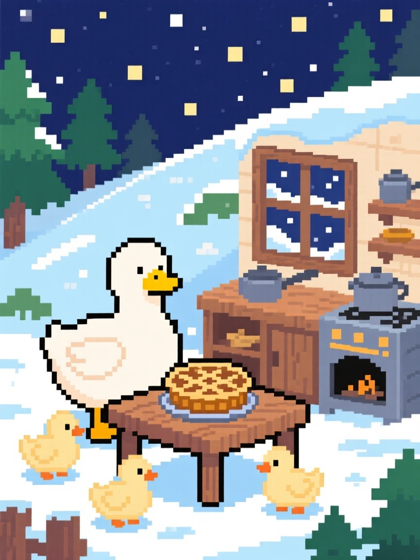 A mother duck and her ducklings baking a miniature pie in a woodland kitchen, on a snowy hillside under the stars.