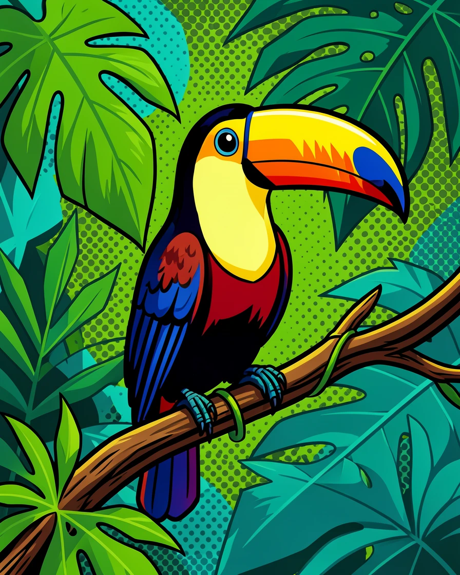 A toucan perched on a branch in a lush jungle canopy
