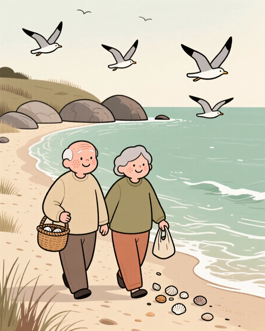 Waves roll gently onto a secluded cove where two old friends walk along the shoreline, collecting seashells as seagulls glide overhead.