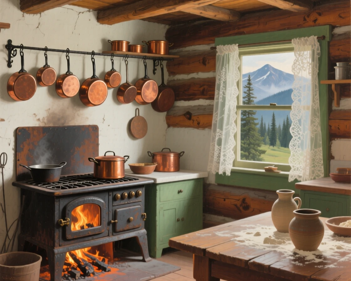 A well-framed scene of a farmhouse kitchen with copper pots hanging above a wood-fired stove, in the Canadian Rockies, in the mid-20th century.