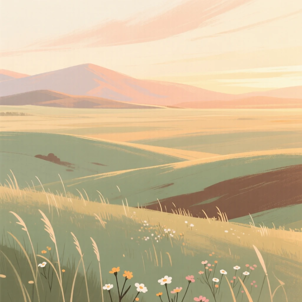 A wide open steppe with distant mountains fading into haze