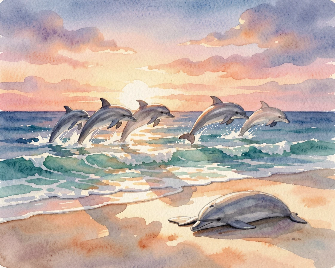 A pod of dolphins leaping over waves on a quiet beach at sunset napping in a patch of sunlight.