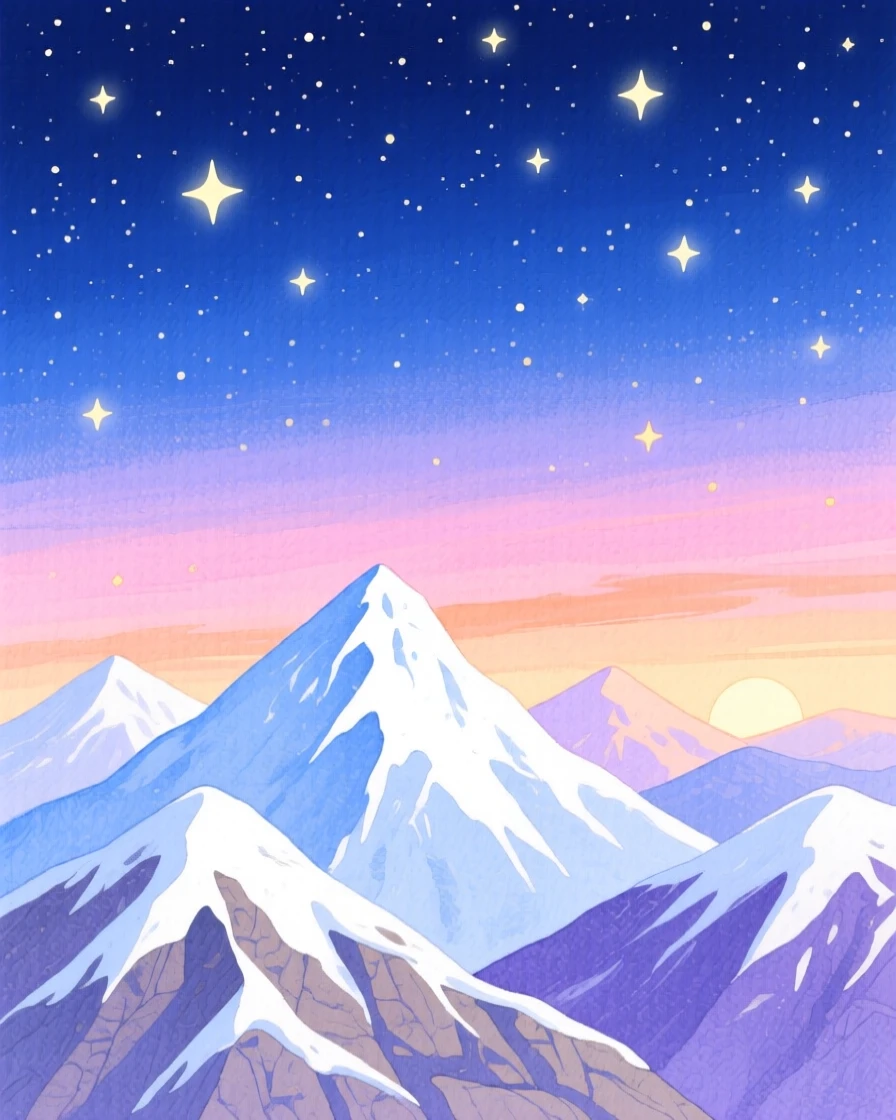 A panoramic scene of a chain of snow-capped mountains at dawn beneath a starry night sky.