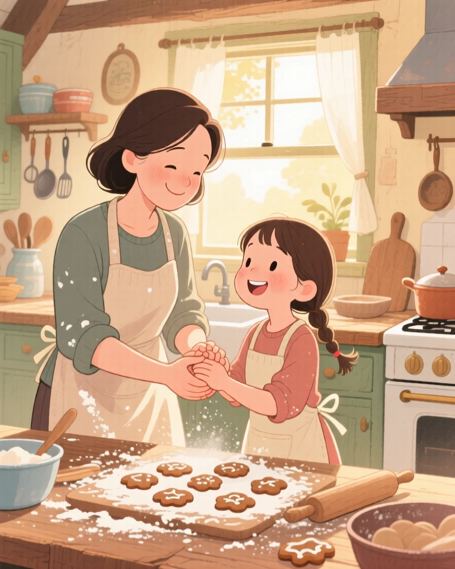 A mother and daughter baking cookies together, flour dusted on their aprons, in a warm farmhouse kitchen filled with afternoon light, with hands clasped together tightly, a tender bond of love passed between generations.