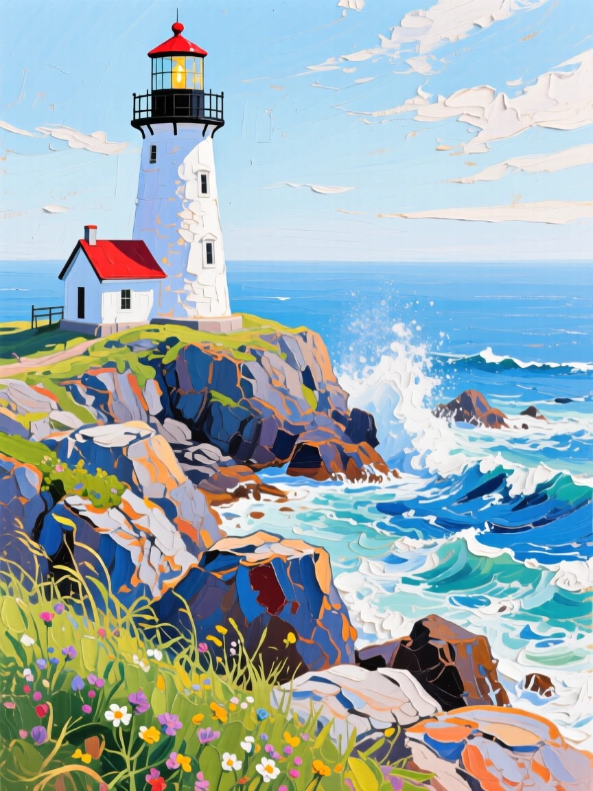 a solitary lighthouse on a rocky headland, on a breezy spring afternoon, with a clear foreground, subject, and distant setting.