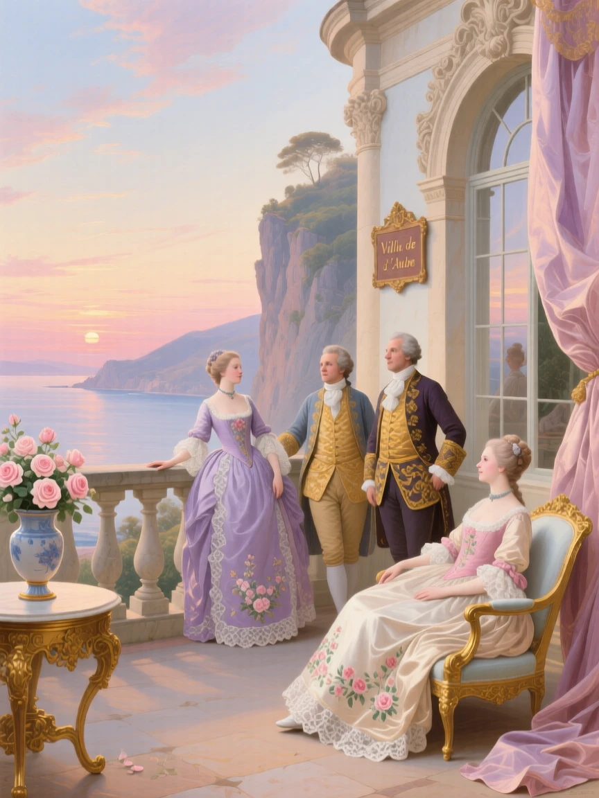 A noble family watching sunrise from a cliffside villa terrace  