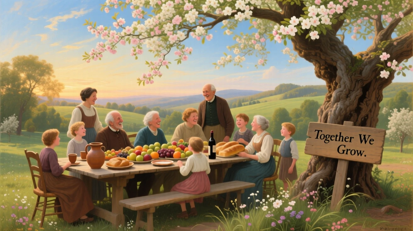 Grandparents and grandchildren celebrate together at a long table beneath an orchard tree as laughter fills the air.