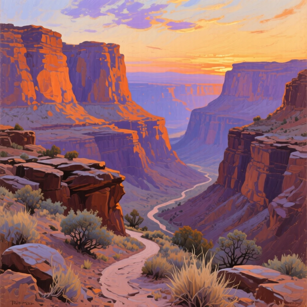 A vast canyon at sunset with layered rock walls glowing orange and purple, with a single winding trail leading toward the horizon, designed to feel like a window into another world