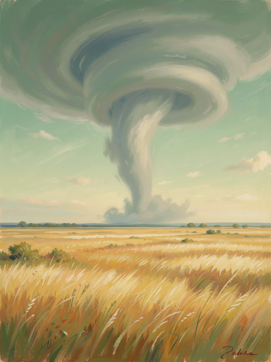 A powerful tornado forming on the horizon above golden prairie farmland beneath a green-tinged sky.